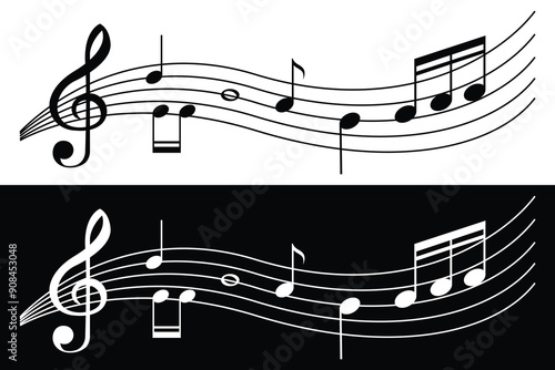 
Musical note wave. Music notes  melody or tune line or flat vector isolated on white background. Sheet music notes of tune bass and treble.Musical key trendy style symbol design element. 