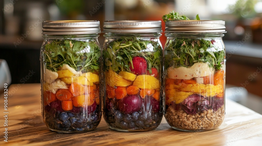 Three glass jars with layering various vegan salads for healthy lunch. The concept of fitness and vegetarian food. Three glass jars with layering various vegan salads for healthy lunch. The concept of fitness and vegetarian food.