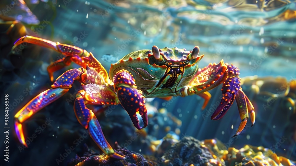 Underwater closeup picture of the mangrove ( rainbow ) crab and sunlight in the ocean coral reef Underwater closeup picture of the mangrove ( rainbow ) crab and sunlight in the ocean coral reef
