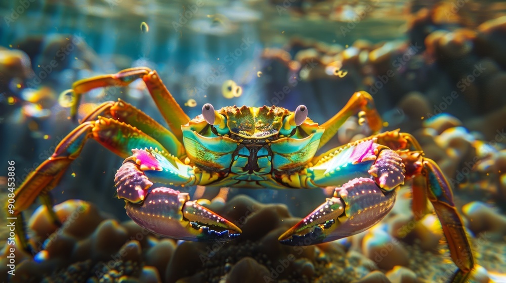 Underwater closeup picture of the mangrove ( rainbow ) crab and sunlight in the ocean coral reef Underwater closeup picture of the mangrove ( rainbow ) crab and sunlight in the ocean coral reef