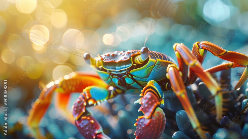 Underwater closeup picture of the mangrove ( rainbow ) crab and sunlight in the ocean coral reef Underwater closeup picture of the mangrove ( rainbow ) crab and sunlight in the ocean coral reef