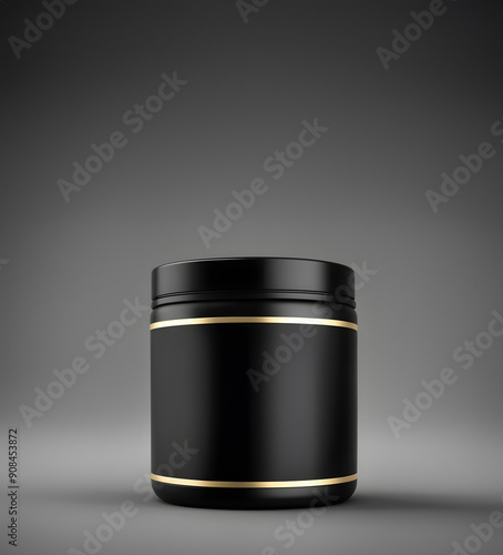 blank black whey protein powder jar mockup plain creatine pre workout supplement container bottle. 3d render. ai generative