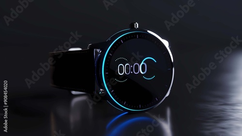 A smart watch, digital display with black background, black body, round face, LED light in the middle of the screen showing time 