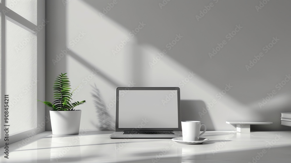 A clean, minimal workspace with a laptop, a white cup and saucer, a potted plant, and stacks of books. A clean, minimal workspace with a laptop, a white cup and saucer, a potted plant, and stacks of books.