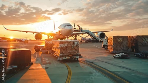 A large airplane is parked on the tarmac with several boxes on the ground. Concept of busyness and activity, as the airplane is likely preparing for takeoff or has just landed