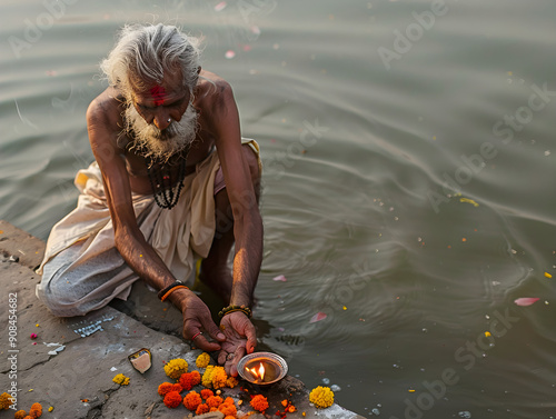 A Hindu devotee in traditional attire performs rituals on the riverbank during a religious ceremony. photo