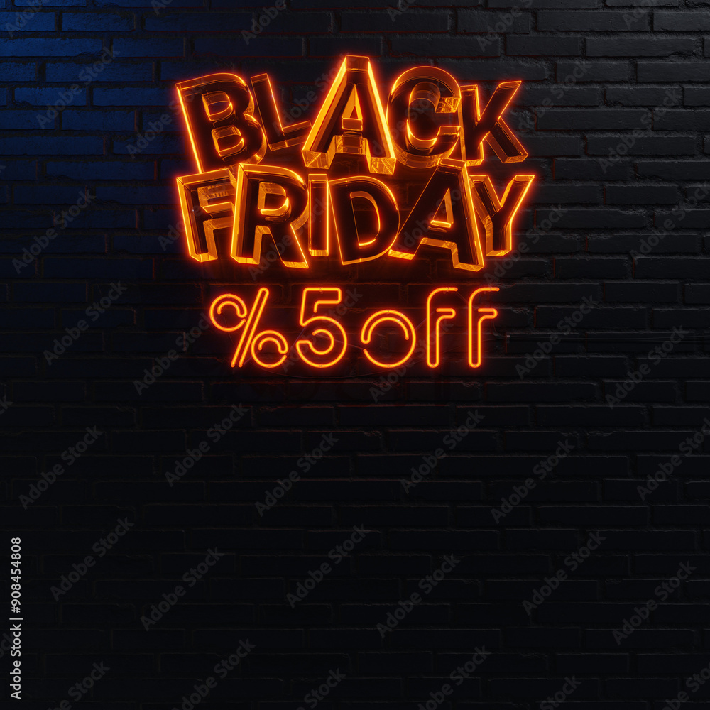 Neon Sign with 5% Off on Black Brick Wall. Neon Sign with 5% Off on Black Brick Wall.