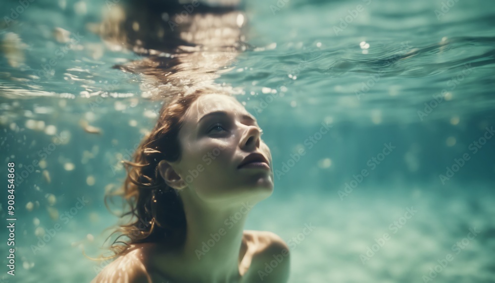 woman swimming underwater looking up at surface woman swimming underwater looking up at surface