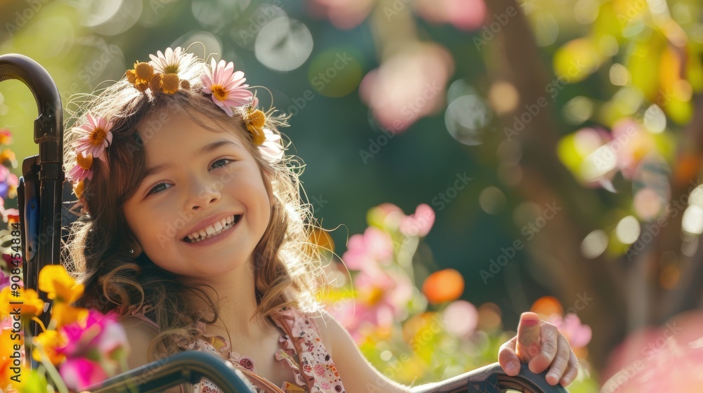 Fototapeta premium Heartfelt portrait of a young girl in a wheelchair at a sunny park, with a smile that lights up the scene, her hair adorned with flowers.