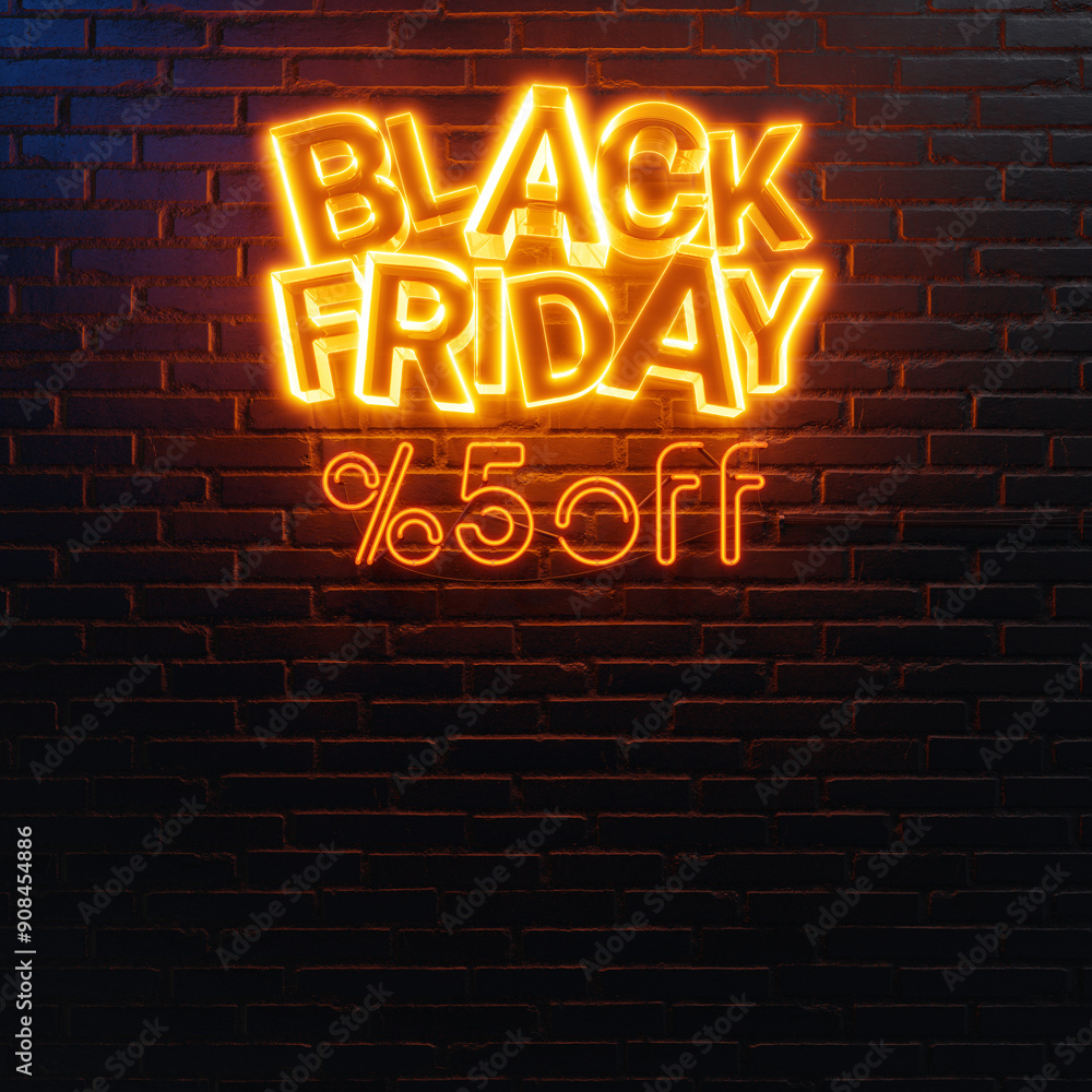 Black Friday Neon Sign with 5% Off on Black Brick Wall.