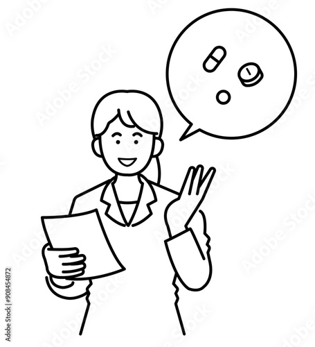 薬の説明をする薬剤師のイラスト　線画のみ
