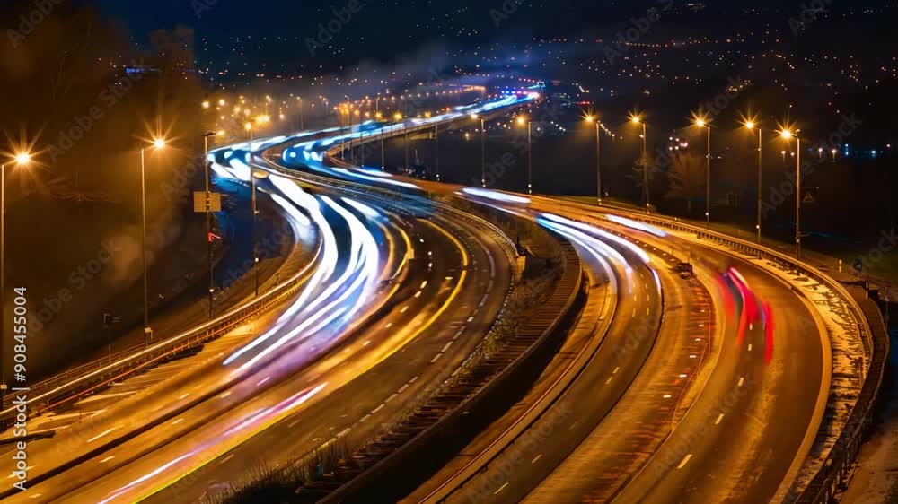 A long, curvy highway with many lights on it. The lights are bright and colorful, creating a sense of excitement and energy. The scene is set at night, adding to the atmosphere of the highway A long, curvy highway with many lights on it. The lights are bright and colorful, creating a sense of excitement and energy. The scene is set at night, adding to the atmosphere of the highway