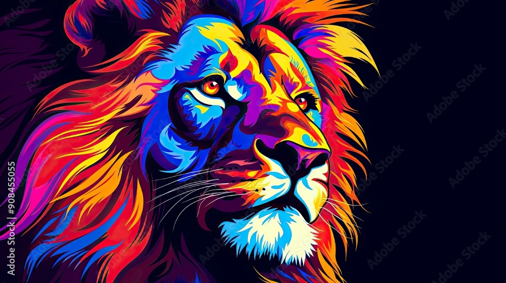 Fototapeta Lion. Abstract, multi-colored profile portrait of a lion's head on a purple background in pop-art style.