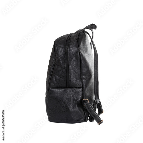 Side side of leather black backpack isolated on transparent background png
