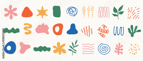 Set of various abstract shapes, doodles and plants. Hand drawn doodles. Modern contemporary fashion illustration. Flat design, hand drawn cartoon, vector.