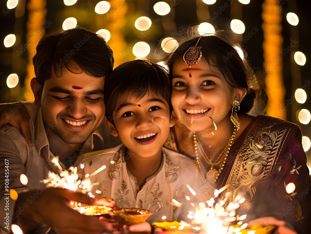 A joyful Hindu family celebrates Diwali with colorful fireworks lighting up the night sky. A joyful Hindu family celebrates Diwali with colorful fireworks lighting up the night sky.