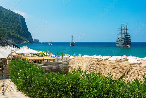Fototapeta Naklejka Na Ścianę i Meble -  Beautiful view of Kleopatra beach in Alanya, Turkey. The coastal city is a popular tourist destination in Turkey.