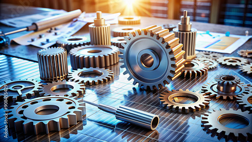 Gears and cogs in motion, with calibrated tools and diagrams on a desk, symbolizing iterative progress and refinement in a business or industrial setting.