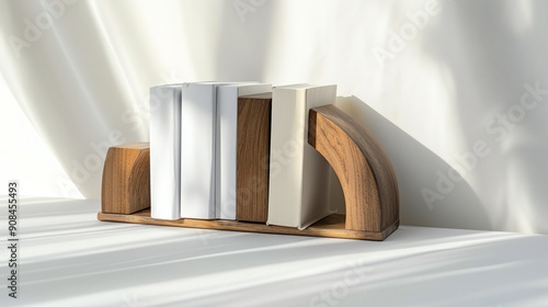 A wooden bookend with books on a white table.