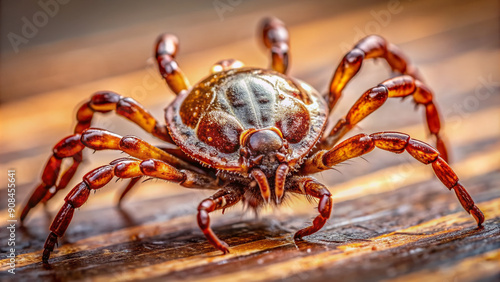 Extremely close-up image of a tick's body, showcasing intricate details of its exoskeleton, legs, and mouthparts, against a neutral, blurred background.