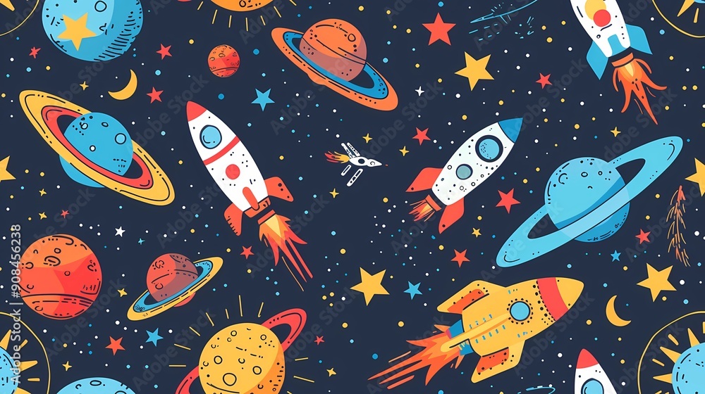 A space themed wallpaper with planets and stars, space ship on the dark space, Generative AI illustrations. A space themed wallpaper with planets and stars, space ship on the dark space, Generative AI illustrations.
