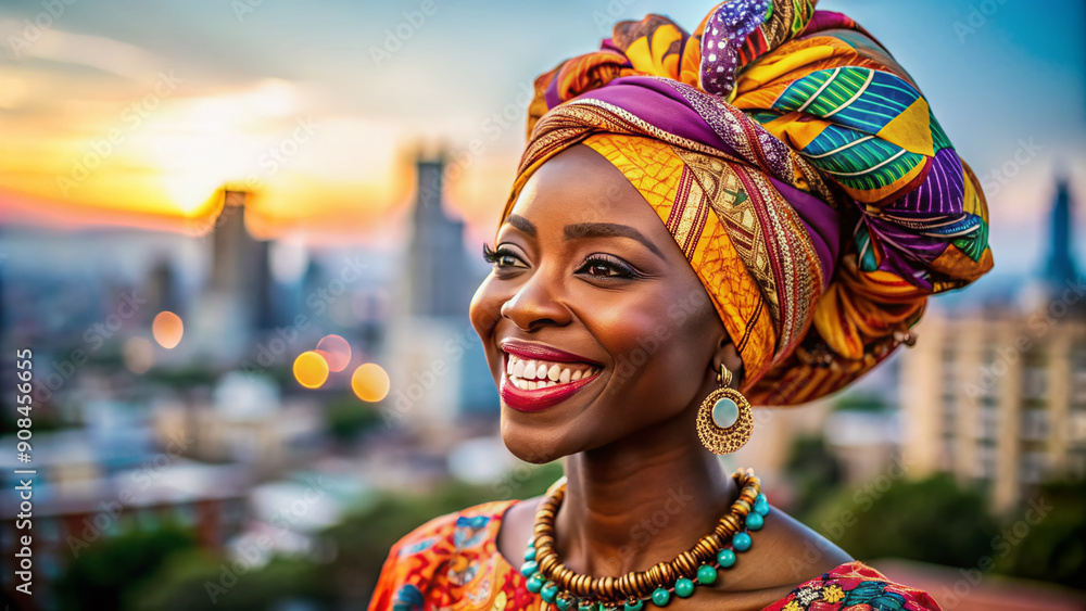 Fototapeta premium Smiling woman with vibrant African-inspired headwrap and colorful traditional clothing celebrates cultural diversity with confidence and warmth against a blurred city background.