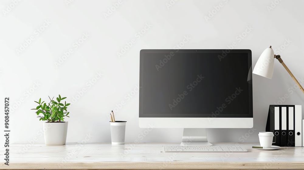 A minimalist workspace with a computer monitor, a potted plant, a lamp, a cup of coffee, and binders on a white desk. A minimalist workspace with a computer monitor, a potted plant, a lamp, a cup of coffee, and binders on a white desk.