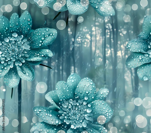 Seamless pattern with celadon green flower and water drops on blurred background. Generative AI