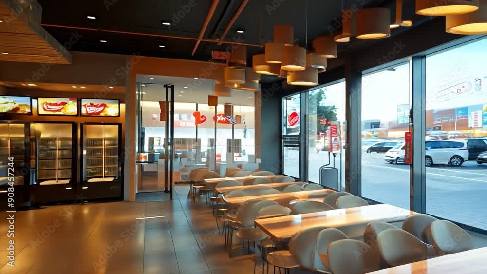 Fast food restaurant interior lighting and seats modern. Fast food restaurant interior lighting and seats modern.