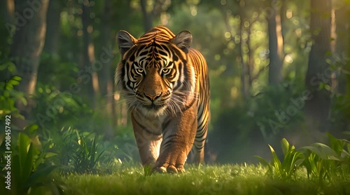 A tiger is walking through a forest. photo