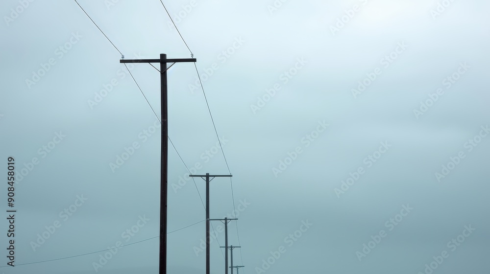 A serene view of power lines extending into a misty horizon under a cloudy sky, capturing a sense of tranquility and solitude. A serene view of power lines extending into a misty horizon under a cloudy sky, capturing a sense of tranquility and solitude.