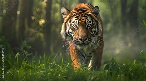 A tiger is walking through a forest. photo