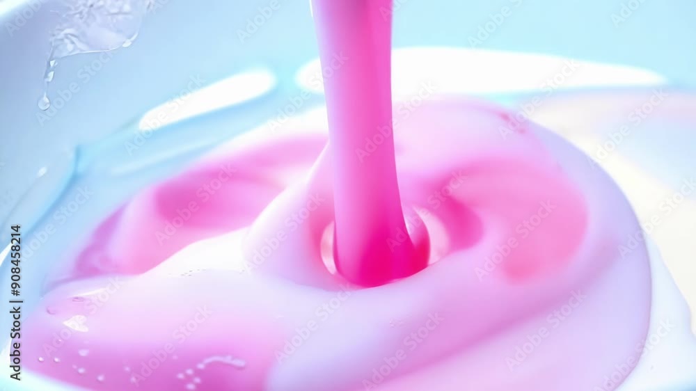 A thick pink liquid being dropped into a bowl of milk sending waves and bursts of creamy white liquid in all directions.