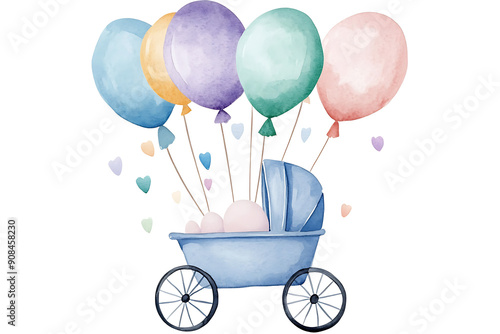 Wallpaper Mural Watercolor Baby Carriage with Balloons Illustration Torontodigital.ca