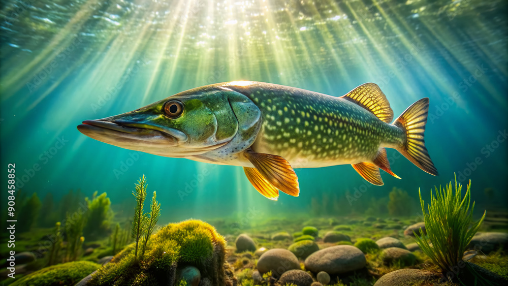 A serene freshwater pike swims near the surface of a calm lake, its green scales glistening in the warm sunlight filtering through the water. A serene freshwater pike swims near the surface of a calm lake, its green scales glistening in the warm sunlight filtering through the water.