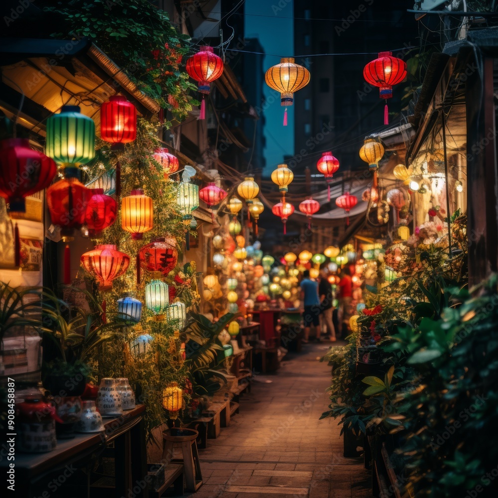 Naklejka premium Colorful Lanterns Lighting up a Traditional Festival
