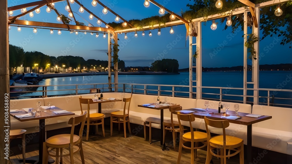 guinguette restaurant au bord de l'eau avec terrasse ombragée et guirlandes lumineuses. guinguette restaurant au bord de l'eau avec terrasse ombragée et guirlandes lumineuses.