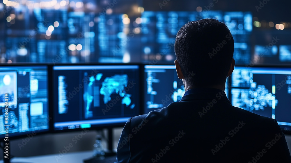 Businessman Looking at Multiple Computer Monitors with Data Businessman Looking at Multiple Computer Monitors with Data