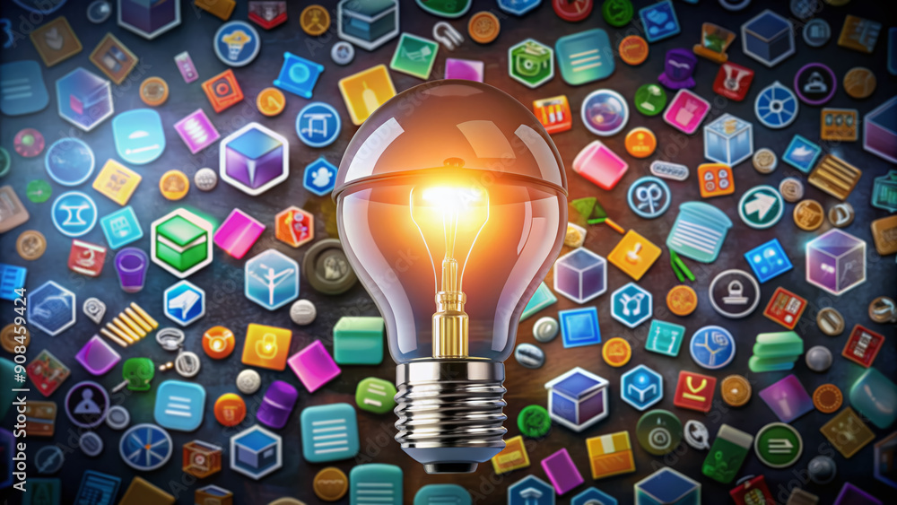 Illuminated lightbulb surrounded by colorful icons of computers, books ...