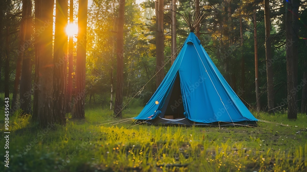 Blue handmade tent in forest concept of summer vacations and resting Blue handmade tent in forest concept of summer vacations and resting