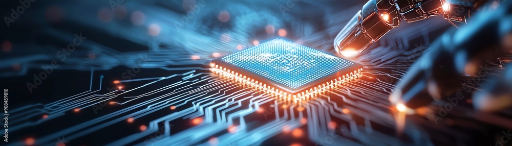 Fototapeta premium Close-up of a computer chip being manipulated, showcasing intricate circuits and glowing connections, representing advanced technology.