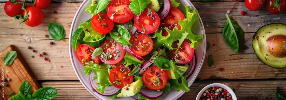 Fresh vegetable salad with tomatoes and greens, perfect for healthy eating and vibrant meal preparation. Fresh vegetable salad with tomatoes and greens, perfect for healthy eating and vibrant meal preparation.