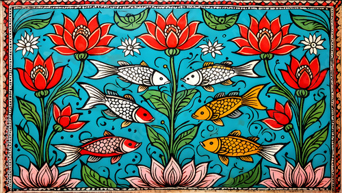 An Indian Madhubani painting that depicts lotuses and fish, which are symbols of purity and prosperity, with bright hues and complex motifs