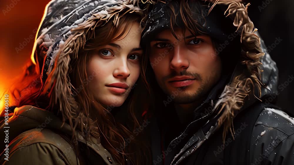 Couple embraces winter wonderland in city park at night