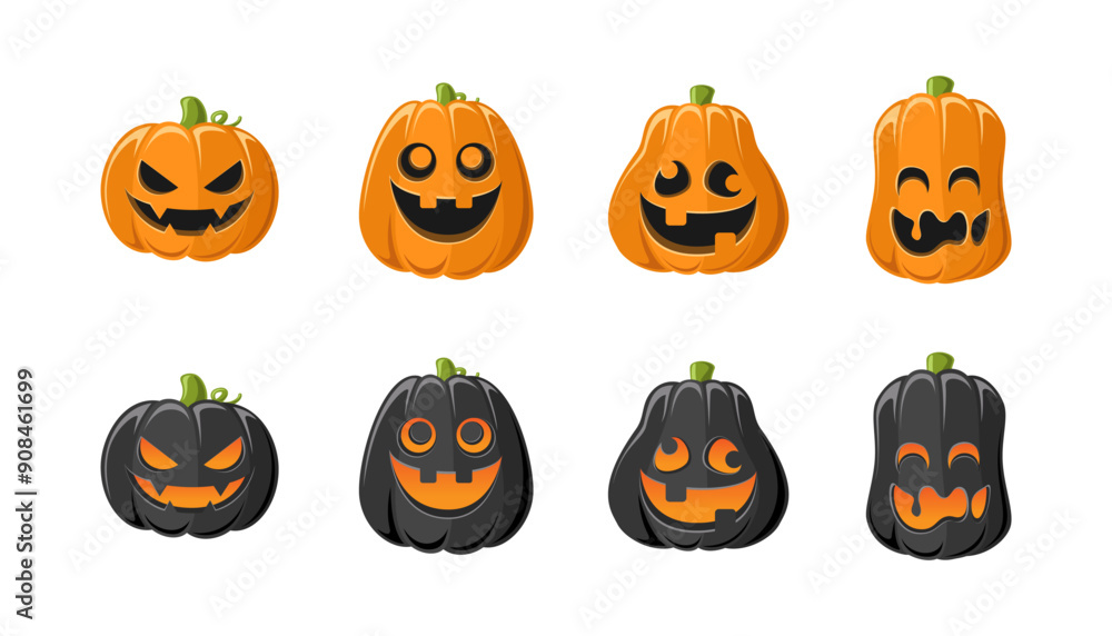 Cute Jack O Lantern with Different Shapes and Funny Facial Expressions Set. Creepy Spooky Fun Halloween Pumpkin Decor Illustration Collection. Cute Jack O Lantern with Different Shapes and Funny Facial Expressions Set. Creepy Spooky Fun Halloween Pumpkin Decor Illustration Collection.