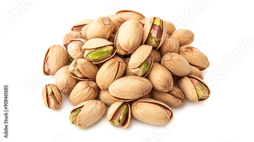 A heap of pistachios, viewed from above, isolated on a white background, perfect for showcasing their wholesome and nutritious qualities