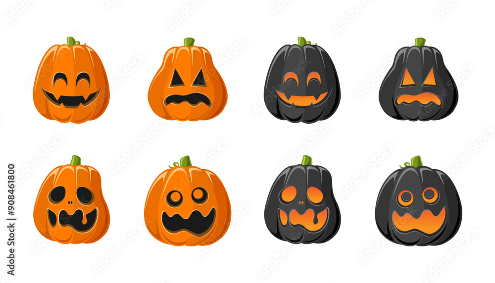 Cute Jack O Lantern with Different Shapes and Funny Facial Expressions Set. Creepy Spooky Fun Halloween Pumpkin Decor Illustration Collection. Cute Jack O Lantern with Different Shapes and Funny Facial Expressions Set. Creepy Spooky Fun Halloween Pumpkin Decor Illustration Collection.