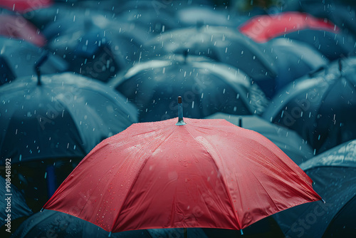 Unique concept with an umbrella standing out from the crowd photo