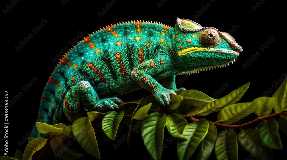 Yemen chameleon isolated on black large background.Lizard on the green leaves.skin has a bright color Yemen chameleon isolated on black large background.Lizard on the green leaves.skin has a bright color