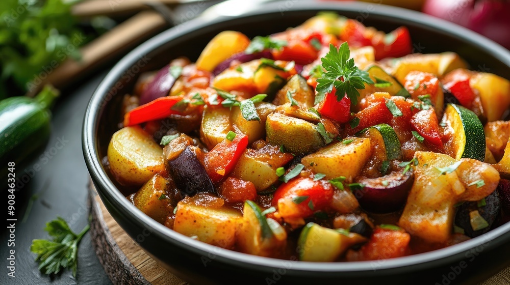 Close-up of summer vegetable spicy stew with zucchini, potatoes, peppers, onions, tomatoes, and eggplant in a bowl on a table, showcasing vibrant colors Close-up of summer vegetable spicy stew with zucchini, potatoes, peppers, onions, tomatoes, and eggplant in a bowl on a table, showcasing vibrant colors